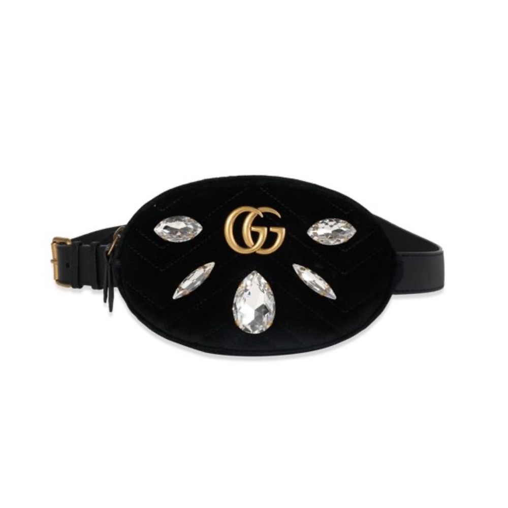 Gucci Marmont Chevron Quilted Velvet Crystal Belt Chest Bag in Black 476434 - Picture 6 of 17